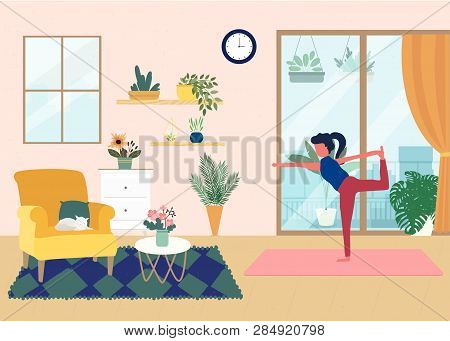 Time For Yoga In Houseplants . Trendy Vector Illustration In Flat Cartoon Style.