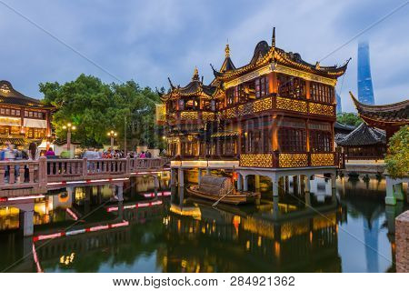 Shanghai, China - May 22, 2018: Old street near Yuyuan garden (Garden of Happiness) in center of Shanghai.