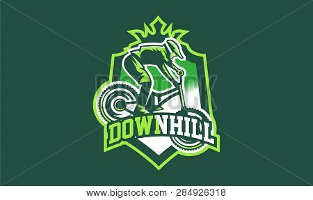 Emblem Of A Cyclist On A Mountain Bike. Sport Bike Logo. Sport Bicycle, Racer, Jump, Downhill, Mtb, 