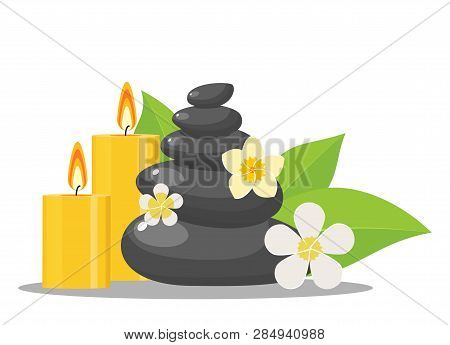 Zen Stones And Flowers, Stones And Candles For Massage And And Green Leaves, Items For Meditation. V
