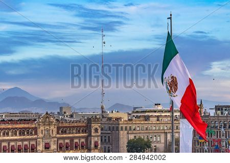 Presidential National Palace Balcony Monument Zocalo Mexico City Mexico. Palace Built By Cortez In 1