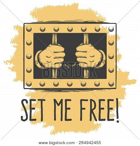 Hands In Cuffs Holds Prison Bars Emblem
