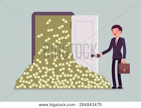 Money Avalanche Large Cash Heap And Businessman. Successful Manager Opens A Lucky Door Full Of Dolla
