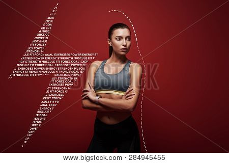 Ready To Break Any Record. Sportswoman Standing Over Red Background, Looking Away. Graphic Drawing.