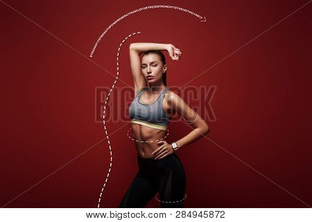 Power And Beauty. Sportswoman Standing Over Red Background, Looking Away. Graphic Drawing.