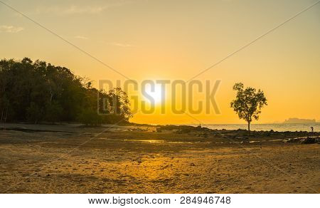 Sunset At Kwang Island. Kwang Island Is In The Middle Of Kwang Beach Krabi Thailand.when Low Tide Ca