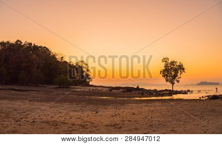 Sunset At Kwang Island. Kwang Island Is In The Middle Of Kwang Beach Krabi Thailand.when Low Tide Ca