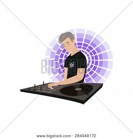 Young Dj With Hand On Desk Mixing Music With Purple Light Chaser Behind His Shoulders On White