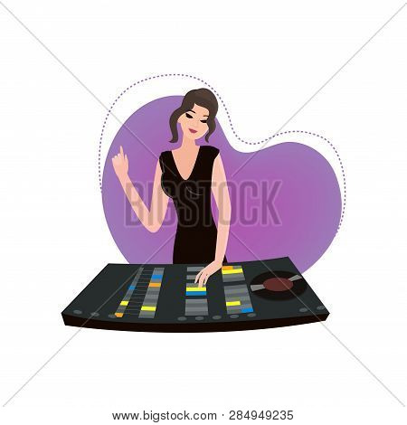 Young Female Dj With One Hand On Desk And Another Mixing Music With Purple Light Chaser In Shape Of 