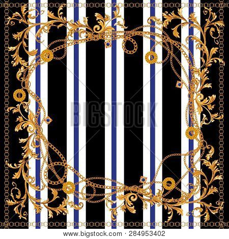 Baroque Striped Seamless Pattern With Chains And Leaves. Vector Patch For Fabric, Scarf.