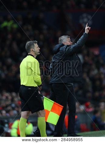 MANCHESTER, ENGLAND - FEBRUARY 12 2019: Ole Gunnar Solskjaer Manager of Manchester United  during the Champions League match between Manchester United and Paris Saint-Germain at Old Trafford Stadium.