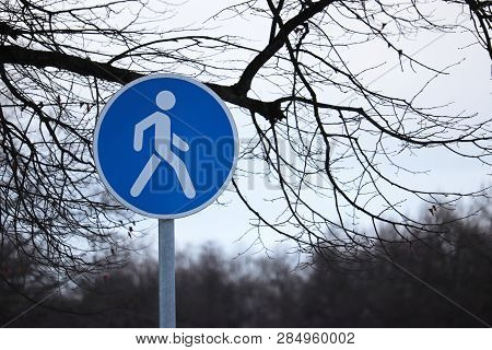 Pedestrian Walking Lane Road Sign. Warning Traffic Sign In The Park, Walking In The Nature