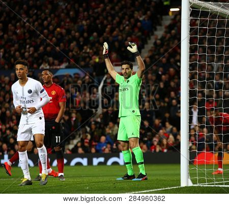 MANCHESTER, ENGLAND - FEBRUARY 12 2019: Gianluigi Buffon of PSG  during the Champions League match between Manchester United and Paris Saint-Germain at Old Trafford Stadium.