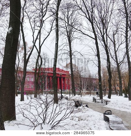 Vkiev, Ukraine - January 2019: Iew Of Shevchenko University And Couples In Kiev In Winter...