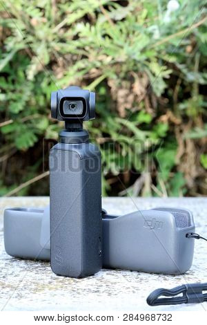 Roquebrune-cap-martin, France - February 18, 2019: Close Up View New Small Dji Osmo Pocket Gimbal Ca