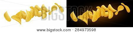 Falling Potato Chips Isolated On White And Black Backgrounds
