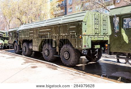Samara, Russia - May 5, 2018: Russian Mobile Ballistic Missile System 9k720 Iskander (ss-26 Stone) O