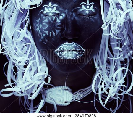 Creative Makeup Like Ethiopian Mask, White Pattern On Black Face Close Up, Halloween Celebration