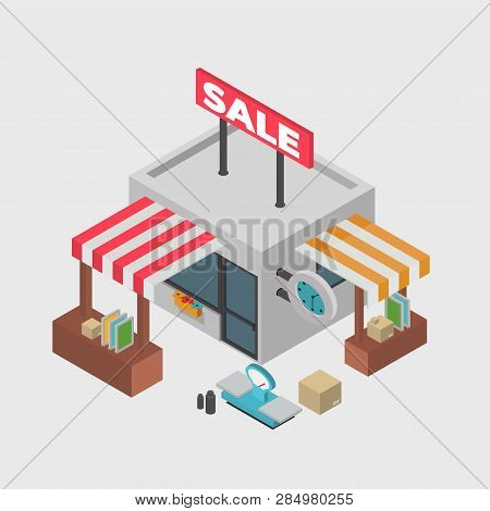 Isometric Shop And Supermarket With Awnings Vector Illustration