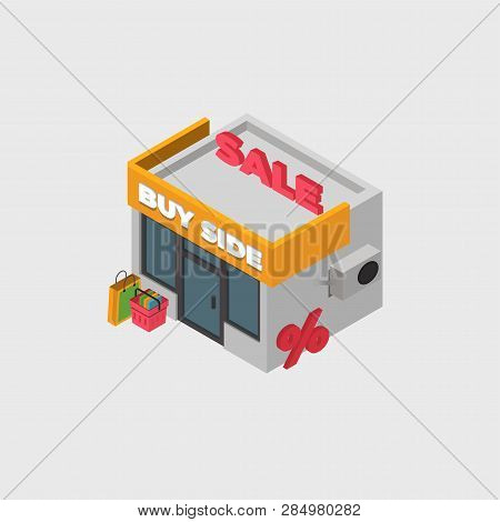 Isometric Shop And Supermarket With Awnings Vector Illustration