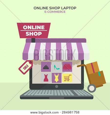 Shop Online Using Laptop. 3d Vector Isometric Illustration