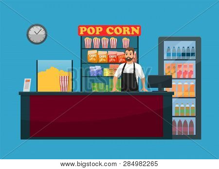 Movies Snack Bar, Popcorn And Drinks, Bartender And Counter Vector. Chips And Juice Or Soda, Striped