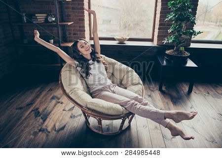 Close Up Photo Sweet Beautiful Brunette She Her Lady Homey Living Room Long Waited Vacation Having F