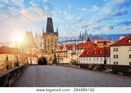 Prague Panorama. Charles Bridge And Lesser Town Bridge Tower In Prague, Czech Republic.