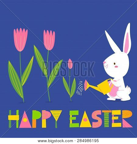 Vector Spring Easter Card With Flowers, Bunny