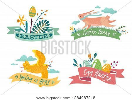Four Easter Emblems With The Image Of A Rabbit, A Flying Bird And A Composition Of Flowers And Eggs