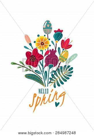 Spring Easter Poster With Flowers And Flowers In The Form Of Eggs