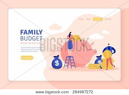 Flat Illustration Of Family Budget With Piggy Bank