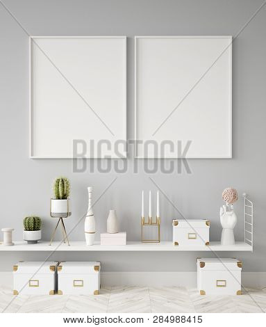 Ock Up Poster Frame Closeup In Interior Background, Scandinavian Style, 3d Illustration