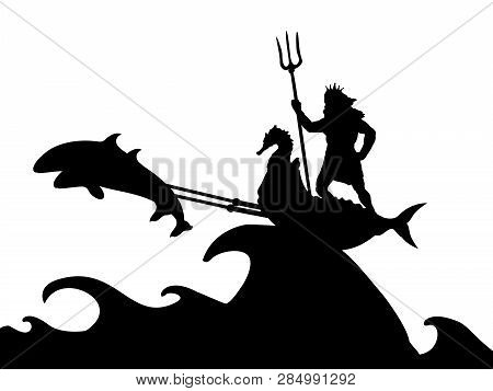 Poseidon Neptunus God Dolphin Chariot Silhouette Ancient Mythology Fantasy. Vector Illustration.