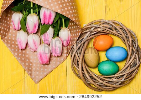 Happy Easter Season. Easter Is Coming. Collecting Easter Eggs. Spring Vibes. Colorful Eggs And Bouqu