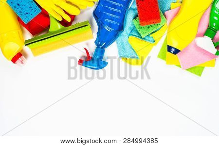 Cleaning Product, Household, Sanitary Supplies On White Background. Top View With Copy Space.