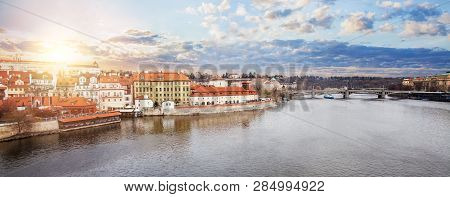 Beautiful Cityscape Skyline With Manes Bridge (manesuv Most) In Prague Czech Republic. Prague Landma