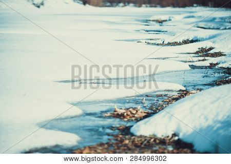 White Snow On A Small River In Russia In Winter