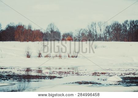 White Snow On A Small River In Russia In Winter