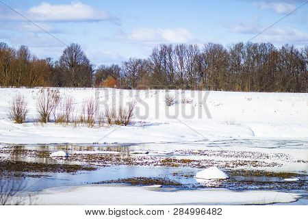 White Snow On A Small River In Russia In Winter