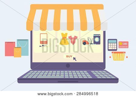 Internet Store, Electronic Banking. Laptop Device. Online Payment Concept. Order Online, Shopping Co