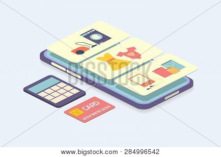 Line Shopping Smartphone. Modern Design Vector Illustration. Buy Online. 3d Flat Design. Mobile Shop