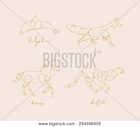 Set Of Animals Dolphin, Fox, Horse, Cheetah Drawing In Pen Line Style On Beige Background