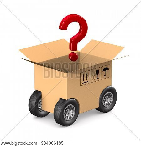open cargo box and question with wheel on white background. Isolated 3D illustration