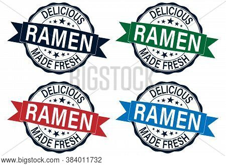 Grunge Blue Delicious Premium Quaity Ramen Word Round Rubber Seal Stamp On White Background,