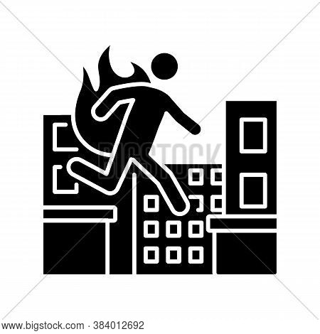 Stuntman Black Glyph Icon. Cinema Actor. Movie Performer Professional. Person Run In Disaster. Safet