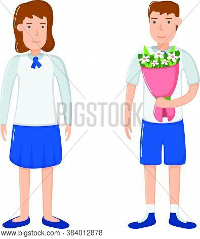 Character Boy Hold Bouquet Flower, School Girl Children Standing Isolated On White, Flat Vector Illu