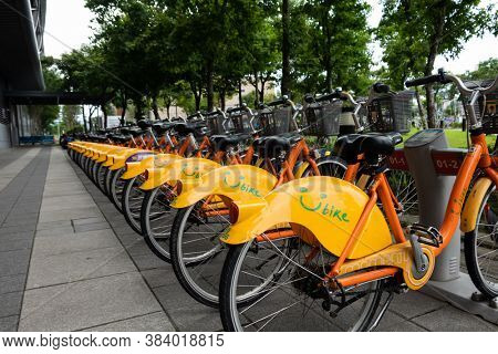 New Taipei city, Taiwan - Jum 14th, 2020: Ubike, a bike sharing system service used by citizens as short-distance transit vehicles at street in New Taipei city, Taiwan