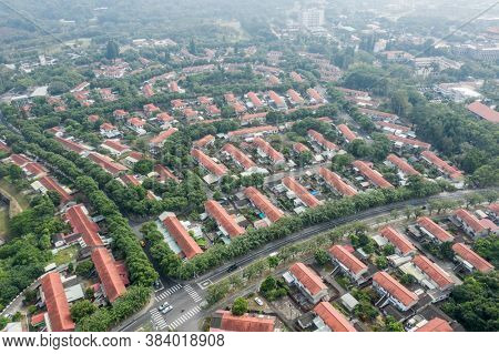 Caotun, Taiwan - October 31th, 2019: aerial view of street scenery with old house and trees at Zhongxing New Village, Nantou, Taiwan