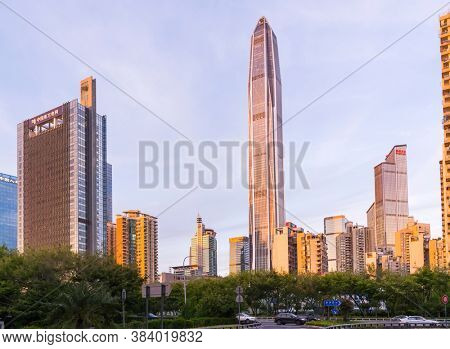 SHENZHEN, CHINA - JULY 20, 2020: ShenZhen downtown, Futian district. Shenzhen is a major city in Guangdong Province, China.
